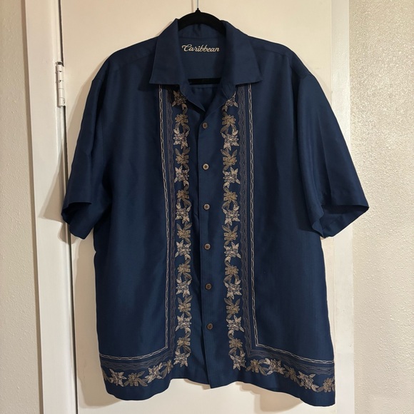 Caribbean Navy Floral Embroidered Shirt - Picture 1 of 6